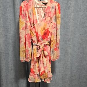 Alex Marie Vibrant Floral Long Sleeve Midi  Wrap Dress With Belt Size 16